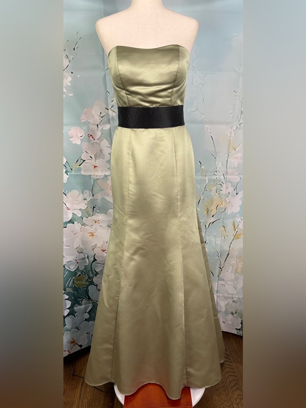 Bill Levkoff Olive Green Strapless Satin Gown with Black Waistband